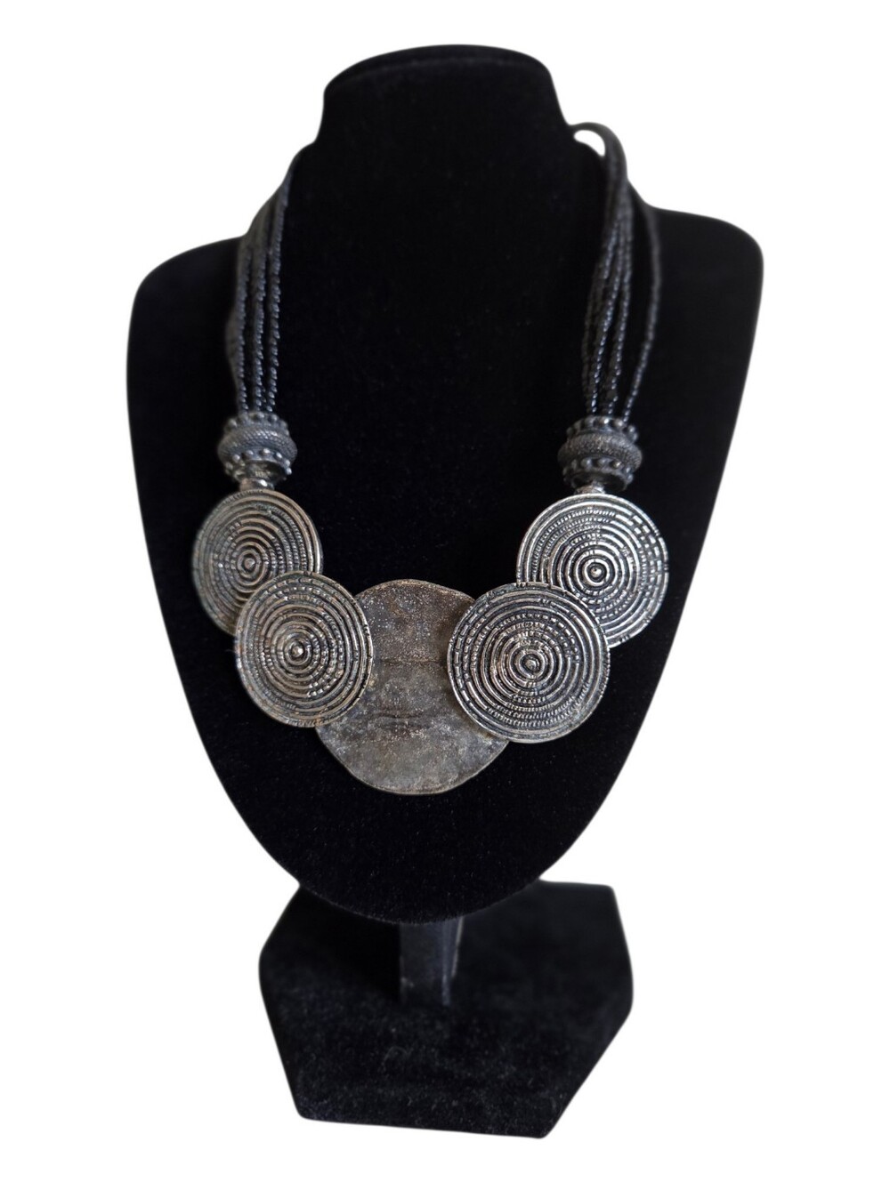 ​chicos tribal bib necklace multi strand black seed bead concentric disc silver